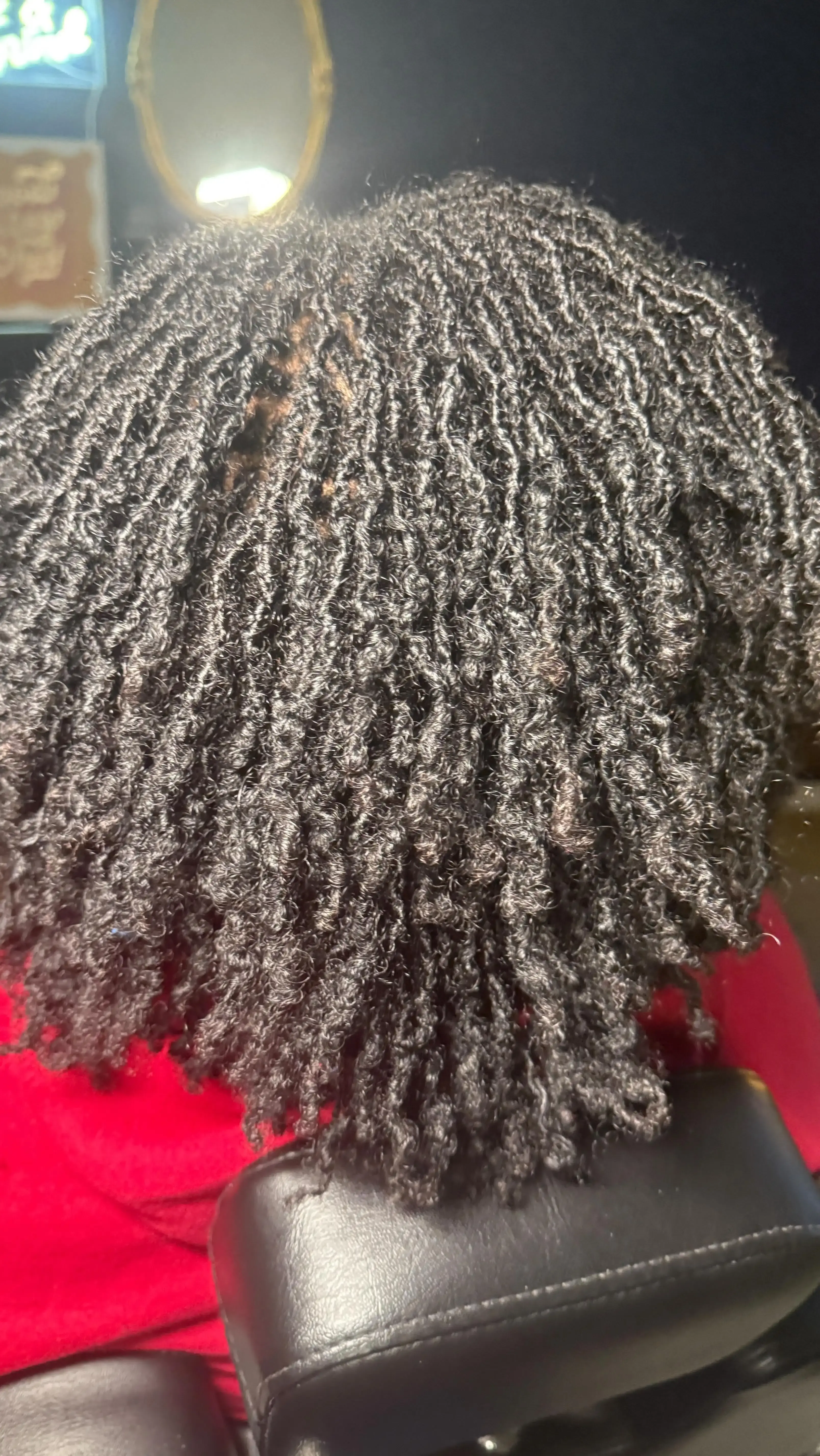 Full and voluminous dark locs after a professional retightening session