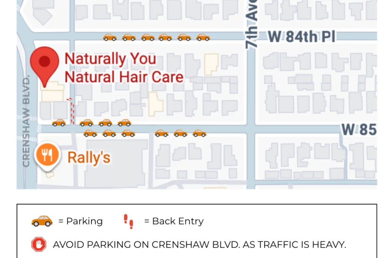 Map showing street parking on 85th and 86th Street near Naturally You Salon on Crenshaw Blvd
