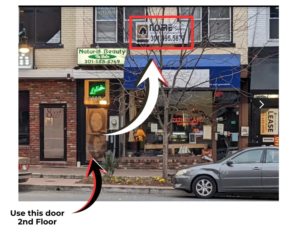 Street entrance to Noire Salon at 8225 A Georgia Ave in Silver Spring